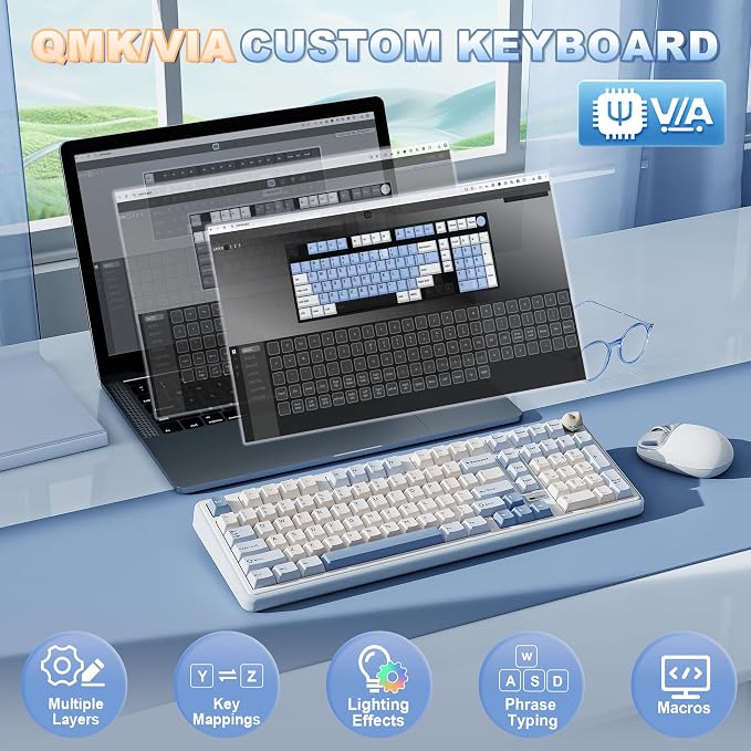 YUNZII B98 PRO QMK/VIA Wireless Mechanical Gaming Keyboard,96% Layout with Numpad and Cute Cat Knob, BT/2.4G/USB-C,Linear Switch Hot Swap Gasket,RGB for Win/Mac (Blue, Candy Linear Switch)
