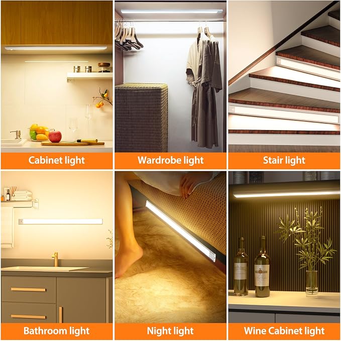 60cm Ultra Thin Under Cabinet Lights, 106 LED 5000mAh Motion Sensor Lights Indoor, 3 Color Stepless Dimming Rechargeable LED Lights for Cupboard, Kitchen