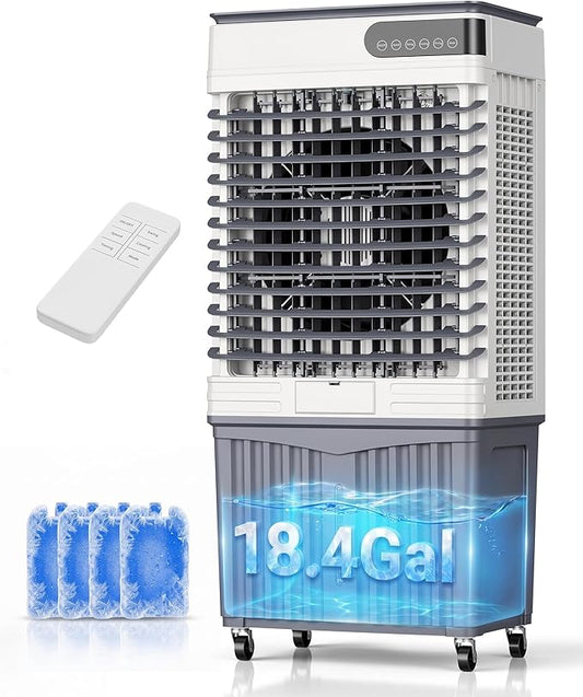 Swamp Cooler Air Conditioners, Large 18.5-Gal Tank for 7d Cooling, 4-IN-1 Portable Evaporative Cooler with LED Touch Screen, 3 Fan Speeds,12H Timer and Remote, 1000 sq ft, Ideal for Large Rooms