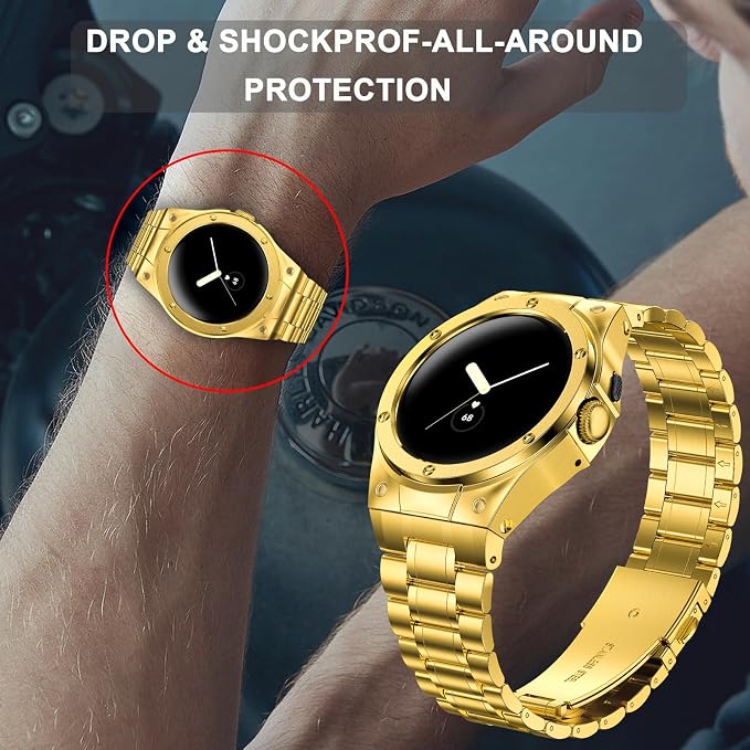 SUPLINK Stainless Steel Case and Bands Compatible with Google Pixel Watch 3 45mm, Protective Rugged Case Adjustable Replacement Strap for Men, Metal Band for Google Pixel Watch 3 - Gold