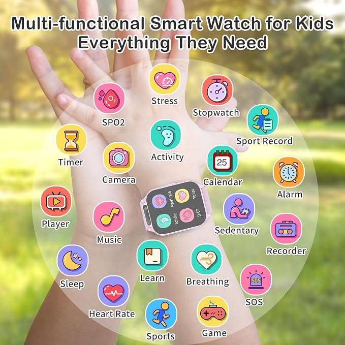Kids Waterproof Smart Watch Girls with Fitness Tracker Sports Activity Pedometer Heartrate SpO2 Stress Monitor Flashlight APP HD Touch Screen Camera Games Music for 4-13 Year Old Girls Gifts for Kids