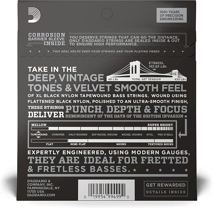 D'Addario Electric Bass Guitar Strings, XL Nickel, EXL165SL, Regular Light Top/Medium Bottom Gauge 45-105, Super Long Scale, 4-String Set, Pack of 1