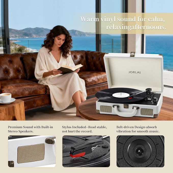 Record Player 3 Speeds Turntable with Bluetooth Built-in Battery Stereo Speakers Vintage Record Player Belt Driven Portable Suitcase PC Recording White