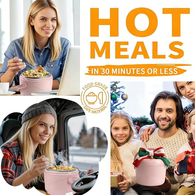 Aotto Electric Lunch Box, 40 oz Portable Food Warmer Heater, Lunch Warmer Portable for Work/Office/Car/Travel 12V/24V/110V 3-in-1, Warming Soup & Meal, Spill-Free, Men & Women's Gifts, Pink