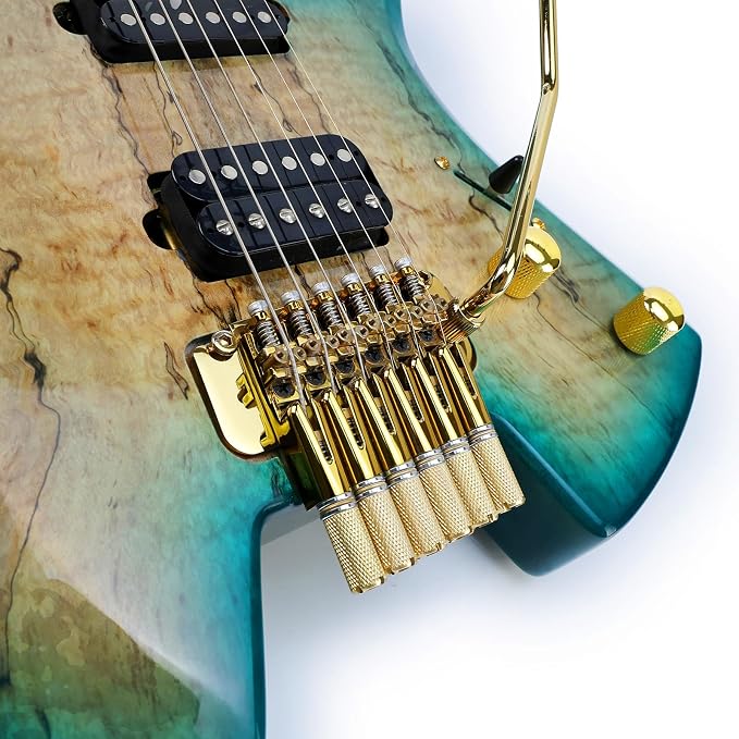 10.5mm Headless Electric Guitar Bridge Gold Brass Block Saddle Hardened Steel Plate 2 point tremolo bridge for Fanned-fret 6 String Headless Electric Guitar Replacement parts