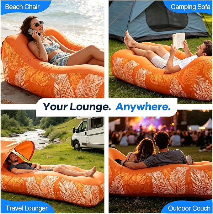 Inflatable Lounger Air Sofa with Unique Sun-Shade, Waterproof Inflatable Beach Bed with Electric Pump, Lightweight Air Hammock Chair for Hiking Backyard Travel Beach Park Picnics（Orange）