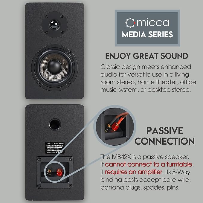Micca MB42X Advanced Bookshelf Speakers for Home Theater Surround Sound, Stereo, and Passive Near Field Monitor, 2-Way (Black, Pair)