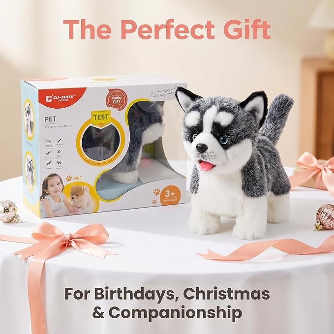 CU-MATE Electronic Walking Dog Toy, Interactive Plush Siberian Husky Puppy, Realistic Interactive Pet Toy Dog, Walking, Barking, Wagging Tail & Talking, Present Gifts for 3+ Year