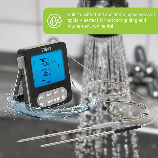 Taylor TruTemp Dual Probe Wired Programmable Meat & Food Thermometer, Digital, Monitor Two Dishes, Baking, Grilling, Roasting, User-Friendly, Backlit, Gray