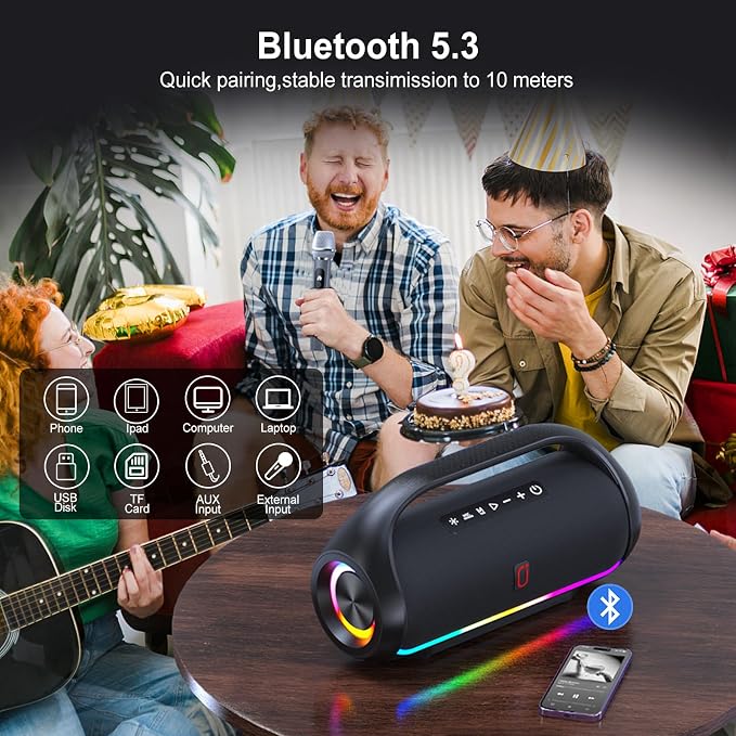 HWWR Portable Bluetooth Speaker, Wireless Outdoor Loud Stereo Audio with Deep Bass, IPX5 Water Resistant Party Sound System, RGB Lights, TWS Pairing, Travel Camping Gear for Home Beach Patio