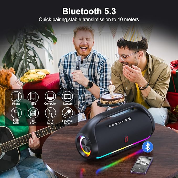 HWWR Portable Bluetooth Speaker with 2 Wireless Microphones, Loud Portable Speakers System, Deep Bass, Echo & Vocal Cut, IPX5 Water Resistant Outdoor Party PA Audio for Adults Kids Home Singing