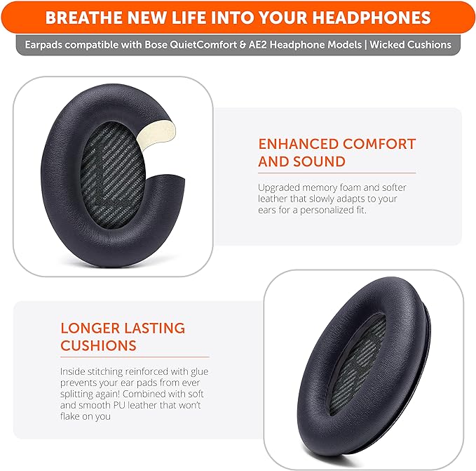 WC Wicked Cushions Upgraded Replacement Ear Pads for Bose QC35 & QC35ii (QuietComfort 35) Headphones & More - Softer Leather, Luxurious Memory Foam, Added Thickness, Extra Durability | Black