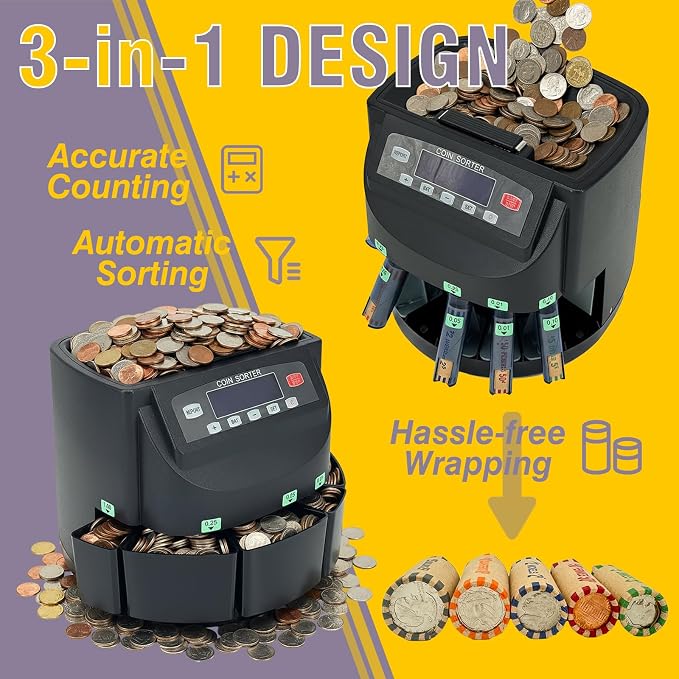 Professional USD Coin Counter and Sorter with LCD Display,Coin Sorter Machine for USD Coin 1￠5￠10￠25￠$1, 2000-coin Capacity,300 Coins/min,Automatic Change Counter,5 Bins,5 Tubes (+96 Wrappers+Cover)