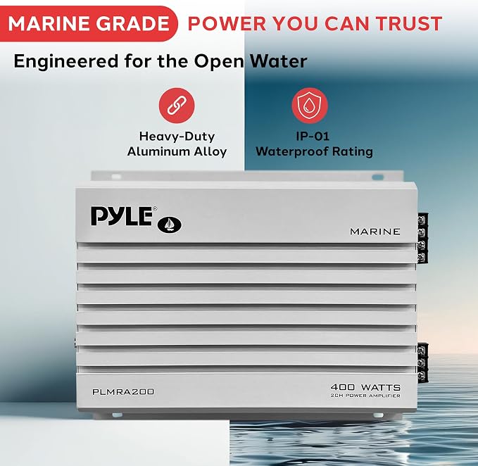 Pyle Hydra Marine Amplifier Upgraded Elite Series 400 Watt 2 Channel Bridgeable Audio Amplifier- Waterproof, Dual MOSFET Power Supply, GAIN Level Controls, RCA Stereo Input & LED Indicator - PLMRA200