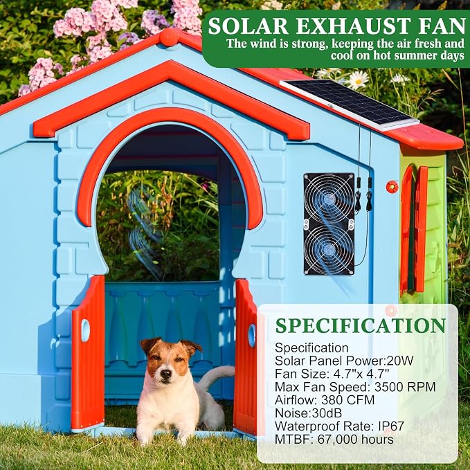 Glooglitter 2 Set 20w Solar Powered Fan Kit for Chicken Coop IP67 Waterproof Dual Solar Greenhouse Fan 3500 RPM High Speed Exhaust Fan with 10ft Cable for Shed Pet House Window Outside Inside