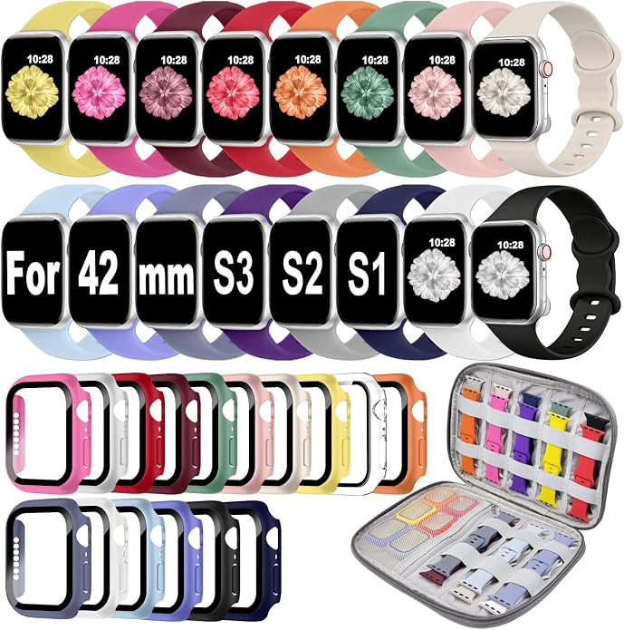 16 Pack Band Compatible with Apple Watch Bands 40mm 41mm 42mm 44mm 45mm 46mm for Women Men, Screen Protector Case Band&Organizer for iWatch Series 11 10 9 8 7 6 5 4 SE（Please select the correct size）