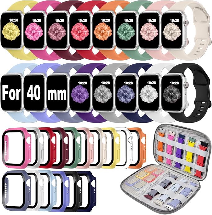 16 Pack Band Compatible with Apple Watch Bands 40mm 41mm 42mm 44mm 45mm 46mm for Women Men, Screen Protector Case Band&Organizer for iWatch Series 11 10 9 8 7 6 5 4 SE（Please select the correct size）