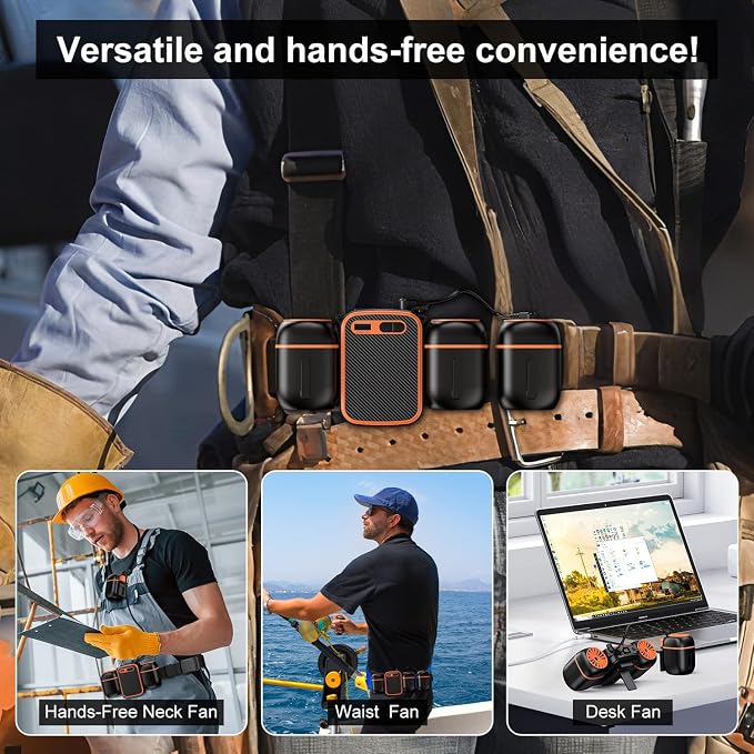 2026 Portable Waist Fan with Dual Small Fans for 10 times Strong Wind & Wide Cooling Area 10000mAh Battery Over 30H Working Time Hands-Free Fan with Belt for Outdoor, Sports (Black Orange)