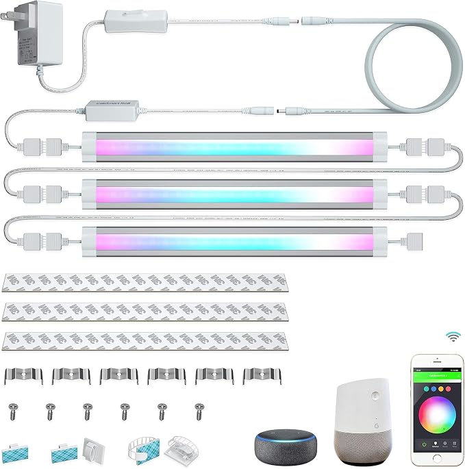 LED Smart Under Cabinet Ligts RGB Multi Color Compatible with Alexa, Google Home Voice Controlled Under Counter Strip Light App Control (3 Lights Bar Kit)