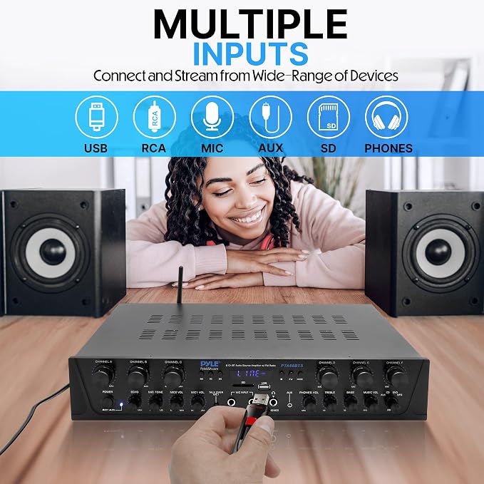 Pyle Bluetooth Home Audio Amplifier - 6 Channel Stereo Receiver Amp, 600 Watt Power, Commercial or Karaoke with Mic Talkover, Headphone Jack, 1/4'' Microphone In, USB SD AUX RCA FM Radio