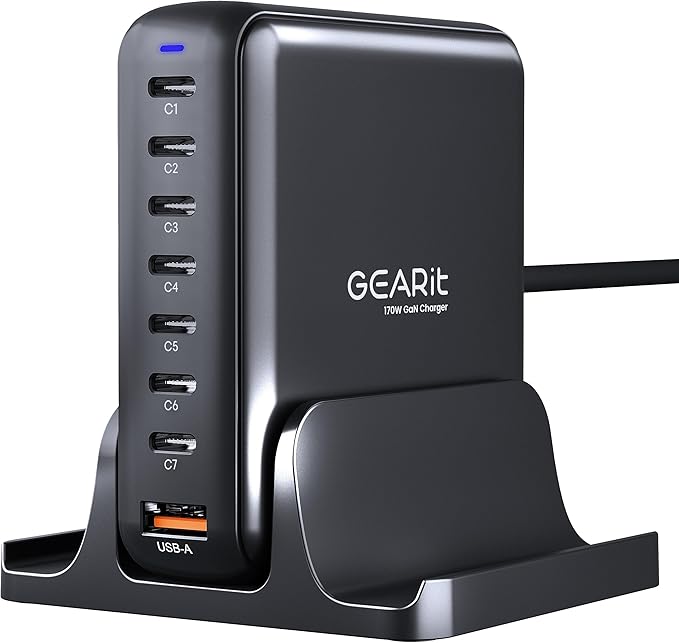 GEARit 8-Port 170W GaN Charger - USB Fast Charging Station and Power Hub for Multiple Devices - Multiport Charging Station with 7 USB C and 1 USB A - Powers Up to 8 Devices