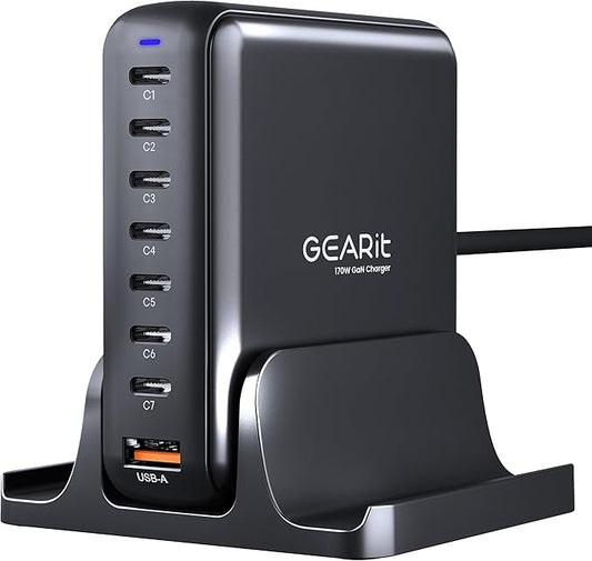 GEARit 8-Port 170W GaN Charger - USB Fast Charging Station and Power Hub for Multiple Devices - Multiport Charging Station with 7 USB C and 1 USB A - Powers Up to 8 Devices