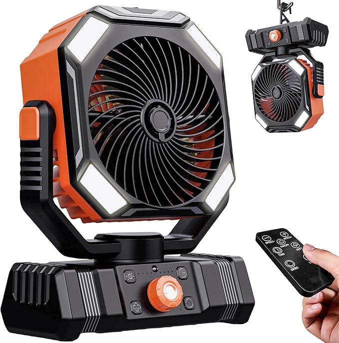 Portable Camping Fan with LED Lantern, 10000mAh Rechargeable Battery Operated Outdoor Fan with Remote, Auto Oscillating Portable Misting Fan with Hanging Hook for Tent, ABS, Orange & Black