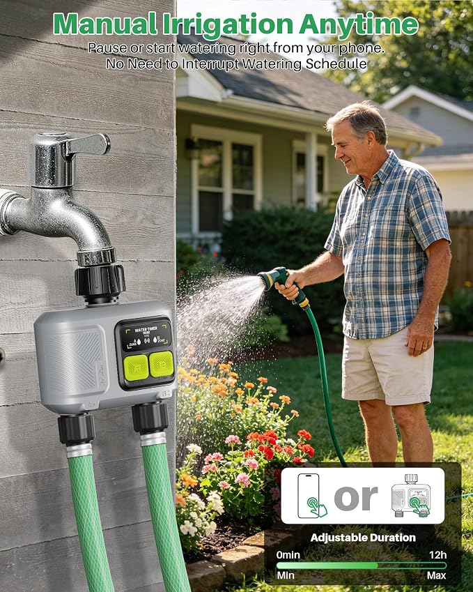 WiFi Water Timer 2 Outlet for Garden Hose, Smart Sprinkler Controller with 984ft RF Range, Smart Lawn Watering System Irrigation Timer, APP/Voice Control, Rain Delay, Manual Irrigation