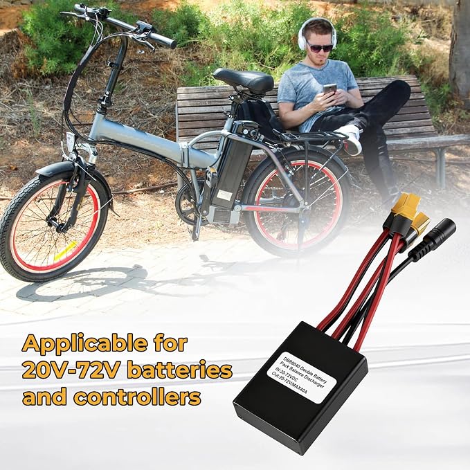 Electric Bike Dual Battery Discharge Converter, 20V-72V Dual Battery Parallel Module Adapter for Batteries and Controllers (40A), Includes Charging Cable