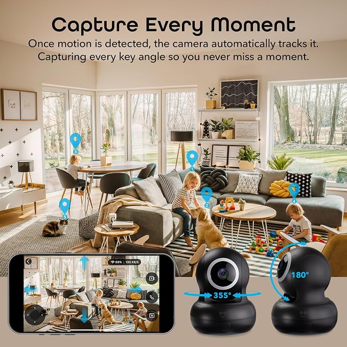 Geeni Sentinel Smart 2K Indoor Security Camera with Auto-Tracking – Dual-Band 2.4GHz & 5GHz WiFi, 2K HD Video, App & Voice Control, Motion Detection, Black