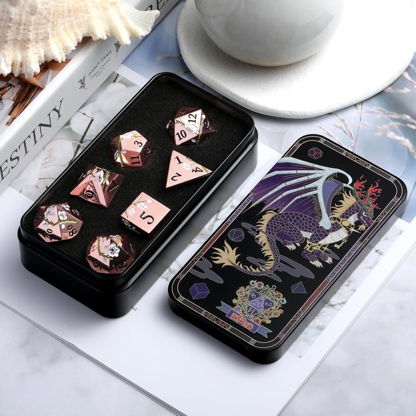 Metal Dice Set D&D, DNDND 7 PCS Flower Metallic DND Dice Set with Gorgeous Gift Case for Dungeons and Dragon Tabletop Game (Gold with White Flower)