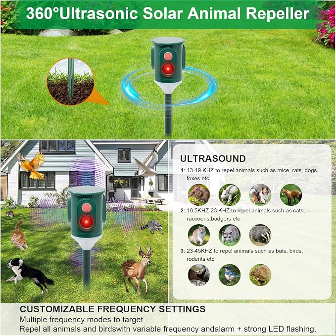 Solar Ultrasonic Animal Repellent Outdoor 360° Motion Activated Pest Deterrent with Strobe Light, Waterproof Garden Protection for Cats, Dogs, Squirrels, Raccoons,Skunks, Rabbits, Coyotes