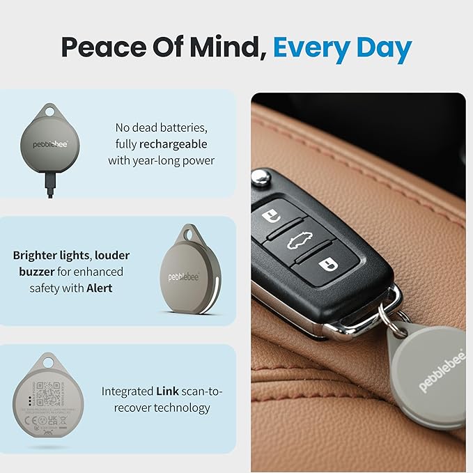 Pebblebee Rechargeable Item Tracker - Clip 5 & Link | 12 Month Battery Life | Compatible with iOS & Android Find My Apps | LED & Sound Alerts