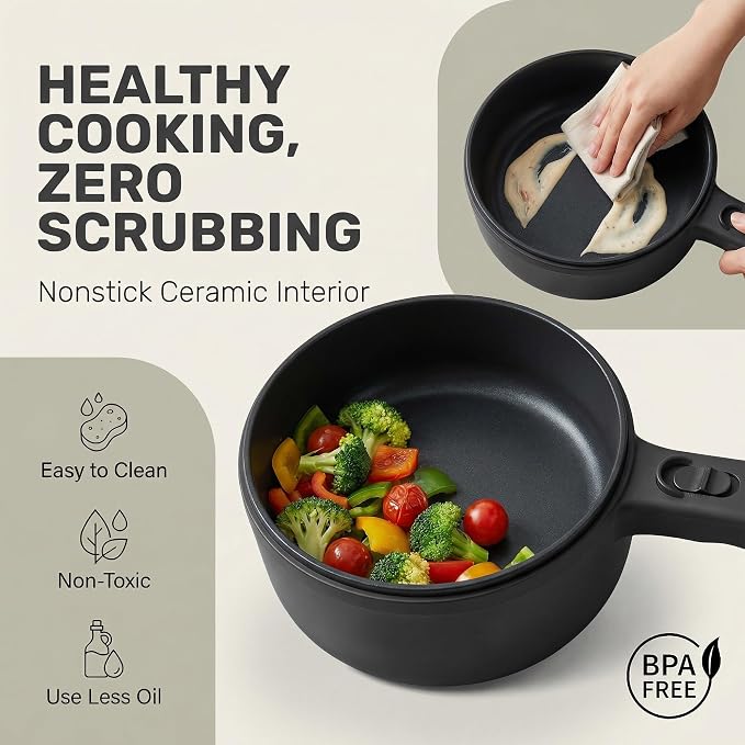 CERAMAX Electric Hot Pot 1.5L, Non-Stick Ceramic Skillet with Steamer & Lid for Ramen, Soup, Steak, Egg - BPA-Free, Non-Toxic, 350°F in 4 Min, Portable Electric Pan for Dorm, Travel, RV, Office, Black