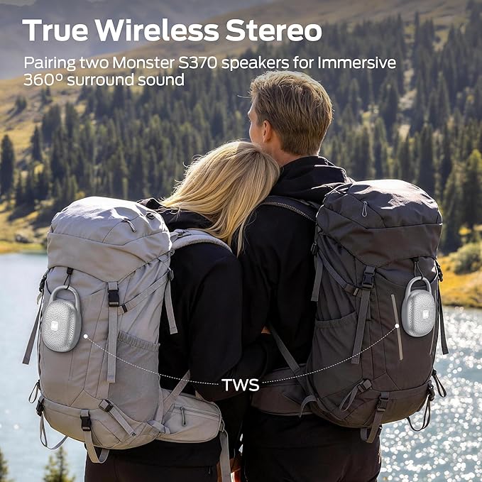 Monster Bluetooth Speaker Ultra-Portable with Integrated Carabiner Clip, IPX7 Waterproof, 29H Playtime, Bluetooth 6.0, TWS Pair Clip-On Speaker for Outdoor, Hiking, Beach, Shower & Travel, Light Grey