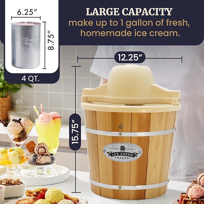 Elite Gourmet EIM924LX 4Qt Old Fashioned Vintage Appalachian Wood Bucket Electric Ice Cream Maker Machine with Leak-Proof Liner, Uses Ice and Rock Salt Churns Ice Cream in Minutes, Cream