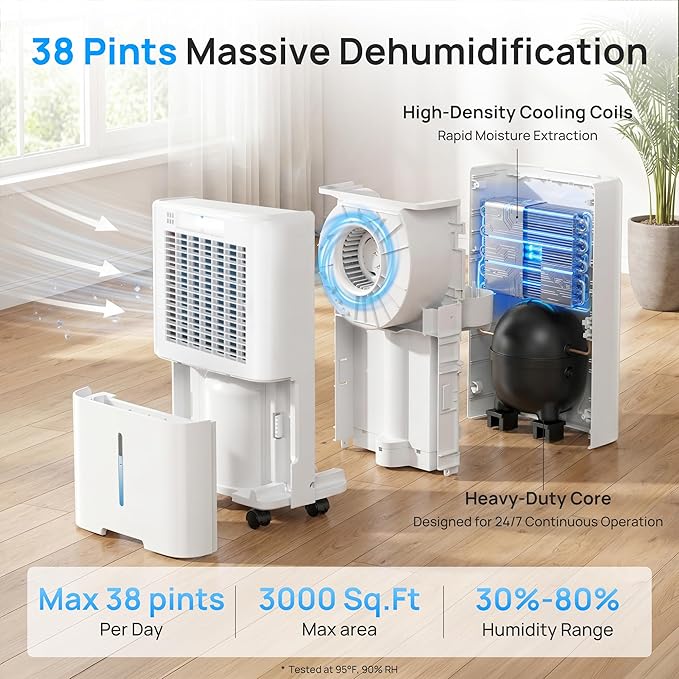 Uthfy 3000 Sq. Ft Dehumidifier for Basement with WiFi, Max 38 Pints Dehumidifier for Home with Drain Hose, 24H On/Off Timer, 3 Color Ambient Light, Child Lock,Auto Deforest, Quiet for Bedroom,Bathroom