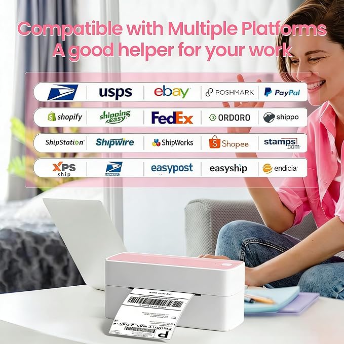 Phomemo Bluetooth Thermal Label Printer, 241BT 4X6 Wireless Shipping Label Printer for Small Business Pink