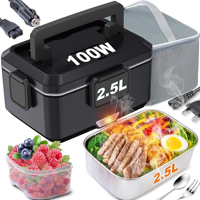 Nifogo Electric Lunch Box for Adults 2.5L 80W Portable Heated Lunch Box for Men 3 in 1 Portable Food Warmer 110V/12V/24V Removable Stainless Steel Container & Big Bag(2.5L-Black)