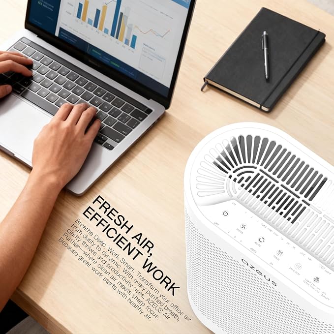 Azeus FS32 True HEPA Air Purifier for Large Rooms, White, High CADR 400m³/h, Smoke Dust Pet Dander Removal, Auto Mode with Air Quality Senso