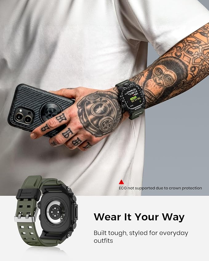 amBand Rugged Case with Band for Apple Watch 44mm, Compatible with iWatch Series SE 3/SE 2nd Generation/SE/6/5/4, Military Grade Shockproof Bumper Cover, Tactical Band for Men, Army Green