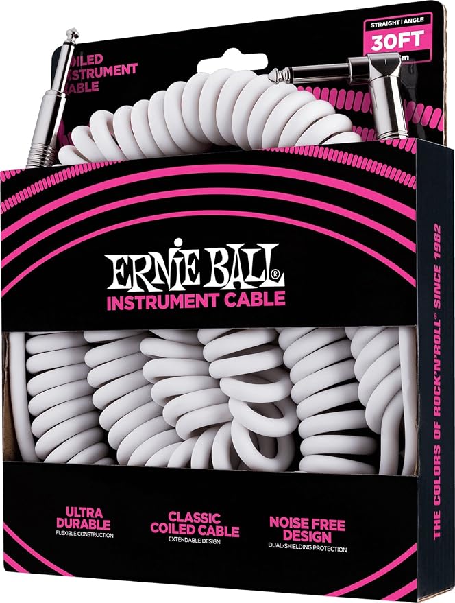 Ernie Ball Coiled Instrument Cable, Straight/Angle, 30ft, White (P06045)