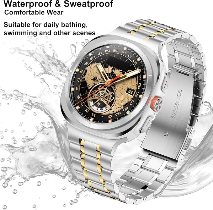 SUPLINK Stainless Steel Bands Compatible with Samsung Galaxy Watch Ultra Band Men Women, Adjustable Metal Replacement Band for Samsung Watch Ultra Bands 47mm, Silver Gold