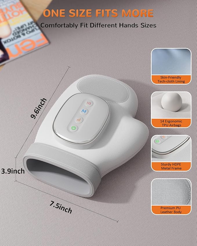 Hand Massager with Heat and Compression: Cordless Hand Massage Glove with 3 Modes, 5 Intensity & 3 Heat Therapy for Arthritis Carpal Tunnel Pain Relief - Fathers Day Dad Gifts (Gray)
