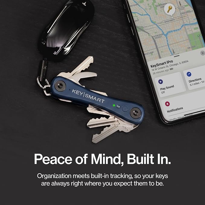 KeySmart iPro - Key Finder Locator with Sound, Keychain Key Holder, Apple Find My App Compatible, Key Organizer, Compact Clutter-Free Key Chain Tracker, Rechargeable Battery (Up to 14 Keys, Blue)