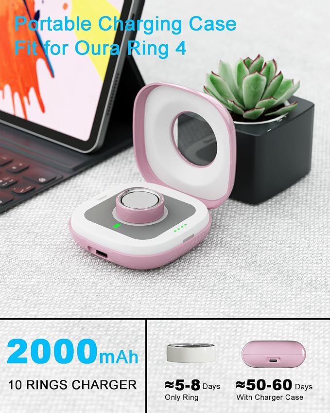 Portable Charging Case Compatible with Oura Ring 4 Charger, Fits All-Sized Ring Gen 4, Up to 10 Ring Charges，Pink (Official Charger NOT Included)