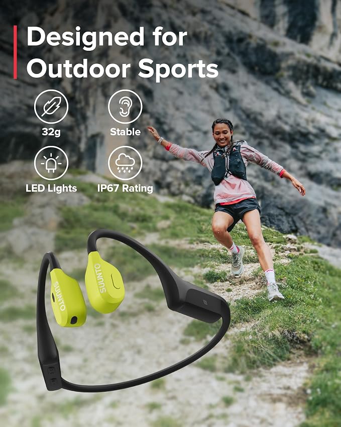 SUUNTO Wing Open-Ear Bone Conduction Headphone, Bluetooth Wireless Sport Headphone w/Head Movement Control, Built-in HD Mic, IP67 Sweatproof, Safety Lights, Total 30H Playtime w/Charging Stand, Lime