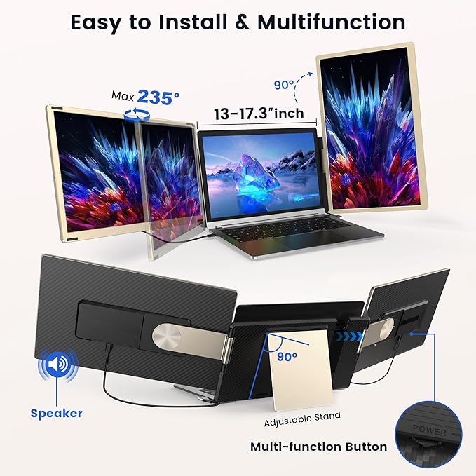 Laptop Screen Extender, 15.6" Detachable Triple Portable Monitor, 1080P FHD IPS Display, Sturdy & Durable, USB-C/HDMI Plug-Play Monitor Extender for Mac/Win/Android, Fits 13-17" Laptops