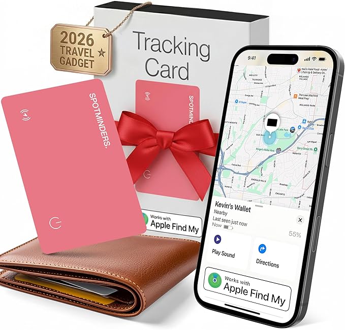 SPOTMINDERS Apple MFi Certified Wallet Tracker Card for Travel Gifts for Women - Works with Apple Find My Rechargeable Tracking Card for Wallet Luggage Passport Purse Slim 0.07in IP68 Pink Item Finder