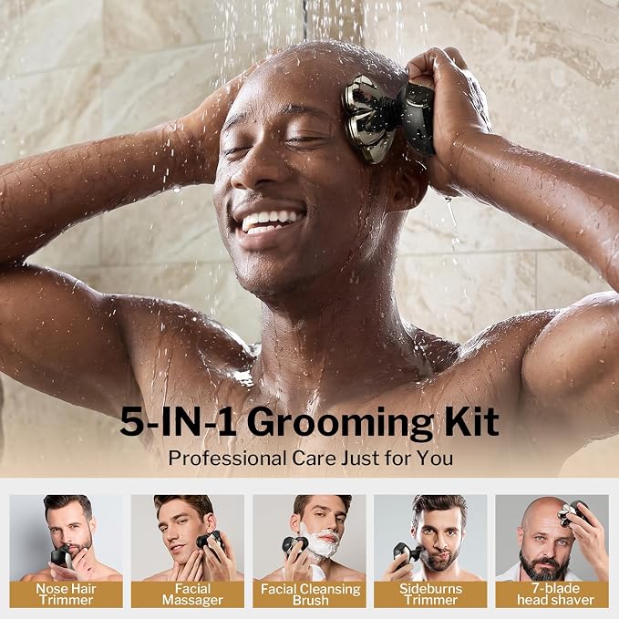 Head Shavers for Bald Men: 5-in-1 Electric Razor with 7D Floating Blades - IPX7 Waterproof Grooming Kit, Detachable Magnetic Head, 90-Min Wet Dry Gifts for Father's Day (Gold)